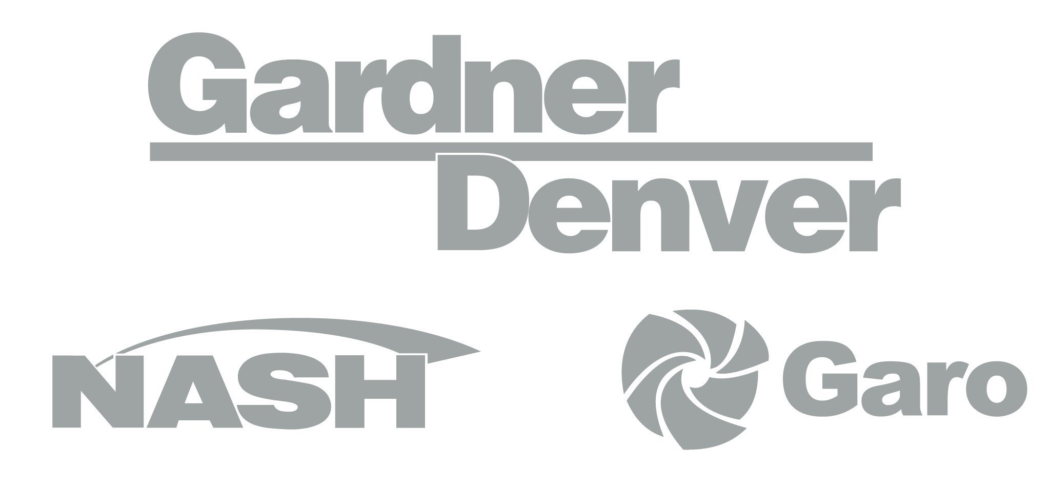 Logotipos Gardner Denver, Nash e Garo em cinza claro